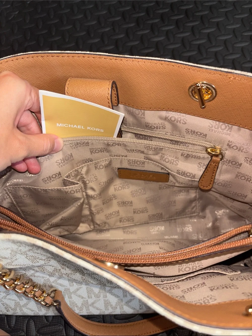 Michael Kors White and Brown MK Logo Chain-Handle Tote